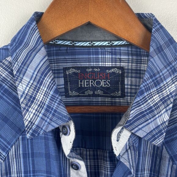 English Hero Mens Large Short Eminence Blue Button Up Geometric Cuff Pocket Rock - Picture 6 of 10